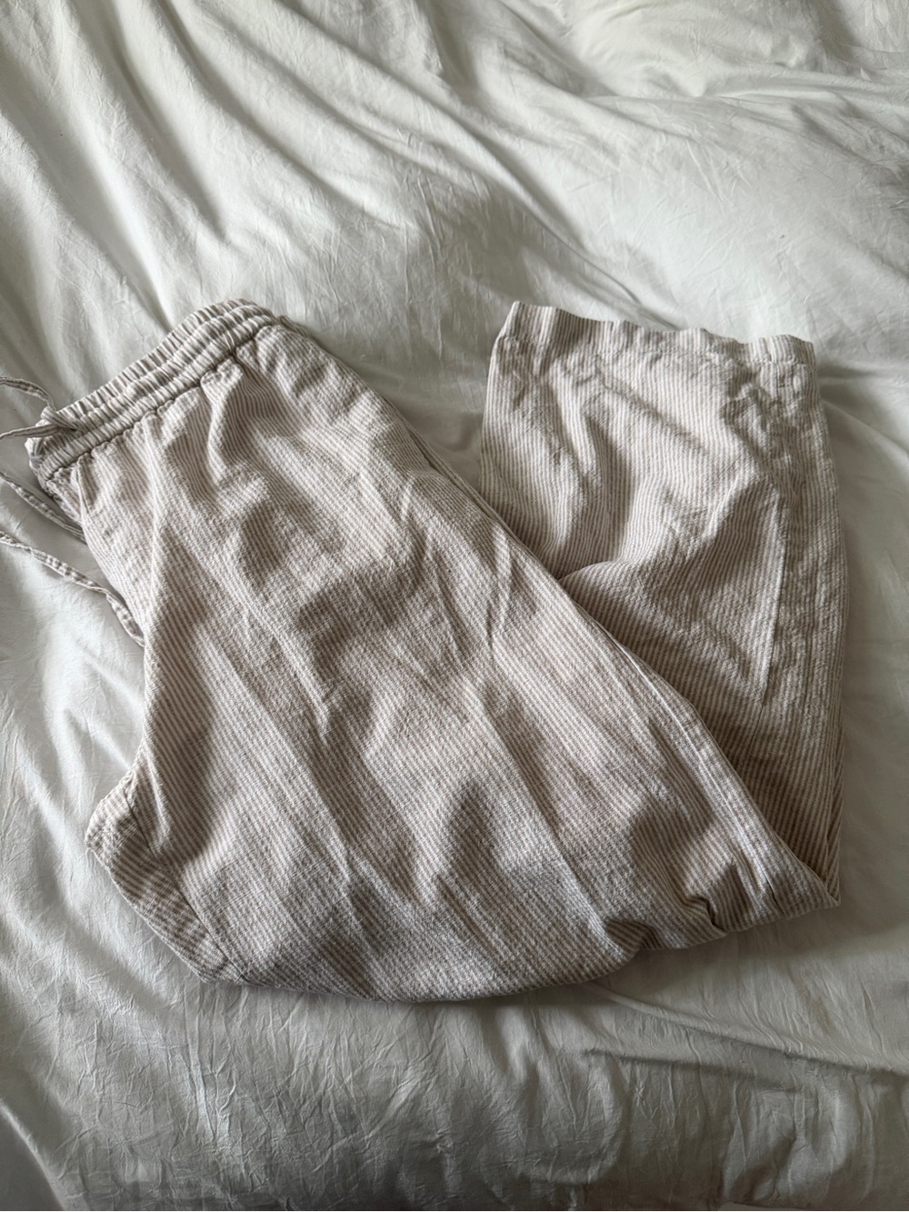 NWOT J Crew Women’s Cotton/Linen Drawstring Striped Pants in Beige White 10 Pet